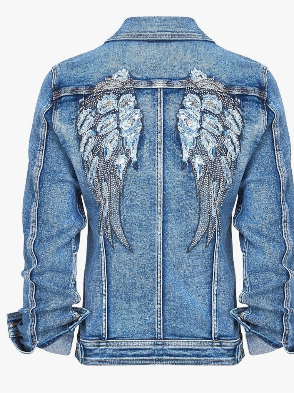 Embellished Stretch Denim Cropped Jacket - Blue